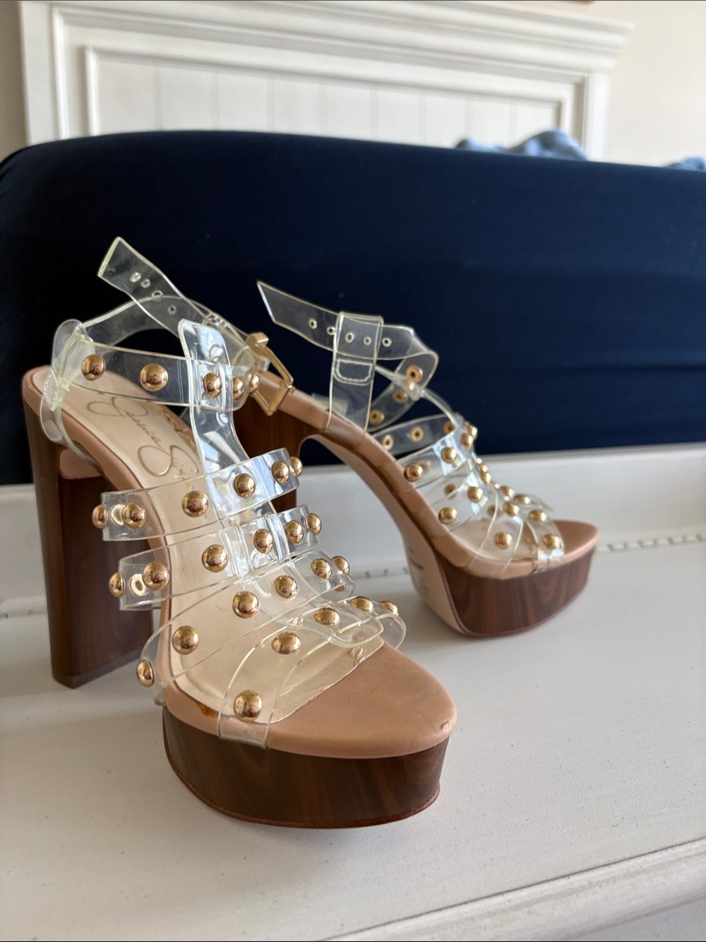 Jessica Simpson Clear Studded Platform Sandals with Gold Accents